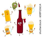 Funny beer bottle, glass, can, mug hop characters with smiling human faces, cartoon vector illustration isolated on white background. Set of funny beer bottle, glass, can, mug characters, mascots