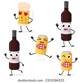 Funny beer bottle, glass, and can cartoon characters, isolated on white background