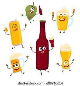 Funny beer bottle, glass, can, mug hop characters with smiling human faces, cartoon vector illustration isolated on white background. Set of funny beer bottle, glass, can, mug characters, mascots