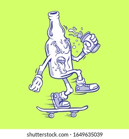 Funny beer bottle, glass, characters faces, cartoon vector illustration