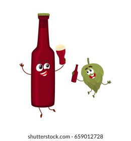 Funny beer bottle and hop characters having fun, drinking, holding glasses, cartoon vector illustration isolated on white background. Funny beer bottle and hop characters with smiling human faces