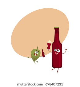 Funny beer bottle and hop characters having fun, drinking, holding glasses, cartoon vector illustration with space for text. Funny beer bottle and hop characters with smiling human faces