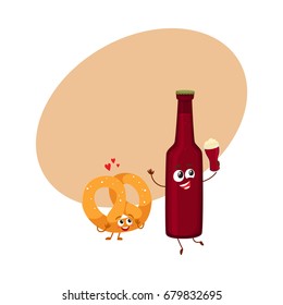 Funny beer bottle and salty pretzel characters having fun, celebrating together, cartoon vector illustration with space for text. Funny smiling beer bottle and pretzel characters