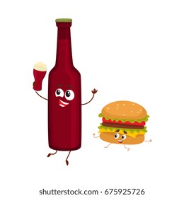 Funny beer bottle and yummy hamburger characters having fun, cartoon vector illustration isolated on white background. Funny smiling beer bottle and hamburger, cheeseburger, good company