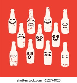Funny beer bottles grunge emoji set. Vector illustration.