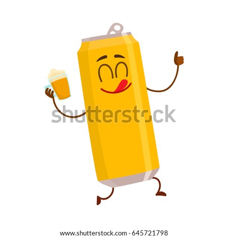 Funny beer can character with smiling human face holding a lager mug, cartoon vector illustration isolated on white background. Cute and funny beer can character, mascot drinking, showing thumb up