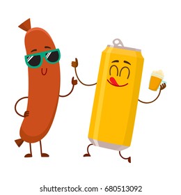 Funny beer can and frankfurter sausage characters having fun together, cartoon vector illustration isolated on white background. Funny smiling beer can character giving thumb up, sausage poiting to it