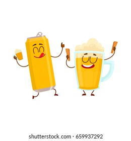 Funny beer can and mug characters having fun, drinking, celebrating together, cartoon vector illustration isolated on white background.  