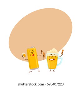 Funny beer can and mug characters having fun, drinking, celebrating together, cartoon vector illustration with space for text. Funny beer can and mug characters with smiling human faces