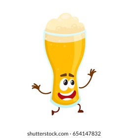 Funny beer glass character with smiling human face and raised hands, cartoon vector illustration isolated on white background. Cute and funny lager beer glass character, mascot with croutons