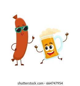 Funny beer glass and frankfurter sausage characters having fun together, cartoon vector illustration isolated on white background. Funny smiling beer glass character and sausage poiting to it