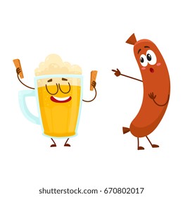 Funny beer glass and frankfurter sausage characters having fun together, cartoon vector illustration isolated on white background. Funny smiling beer glass character and sausage poiting to it