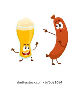 Funny beer glass and frankfurter sausage characters having fun together, cartoon vector illustration isolated on white background.