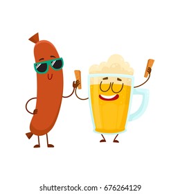 Funny beer glass and frankfurter sausage characters having fun together, cartoon vector illustration isolated on white background. Funny smiling beer glass character and sausage poiting to it