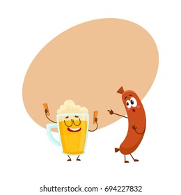 Funny beer glass and frankfurter sausage characters having fun together, cartoon vector illustration with space for text. Funny smiling beer glass character and sausage poiting to it