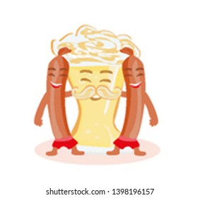 Funny beer glass and frankfurters sausages characters having fun together
