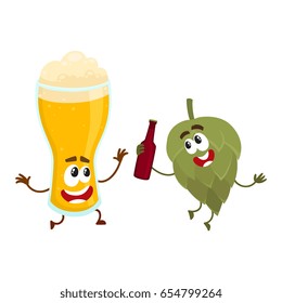Funny beer glass and hop characters having fun, drinking, celebrating together, cartoon vector illustration isolated on white background. Funny beer glass and hop characters with smiling human faces