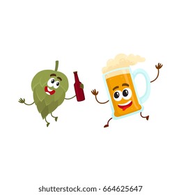 Funny beer glass and hop characters having fun, drinking, celebrating together, cartoon vector illustration isolated on white background. Funny beer glass and hop characters with smiling human faces
