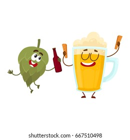 Funny beer glass and hop characters having fun, drinking, celebrating together, cartoon vector illustration isolated on white background. Funny beer glass and hop characters with smiling human faces