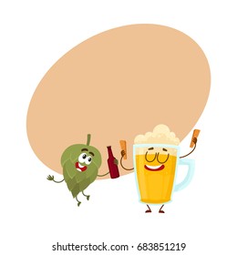 Funny beer glass and hop characters having fun, drinking, celebrating together, cartoon vector illustration with space for text. Funny beer glass and hop characters with smiling human faces