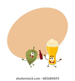 Funny beer glass and hop characters having fun, drinking, celebrating together, cartoon vector illustration with space for text. Funny beer glass and hop characters with smiling human faces