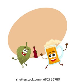 Funny beer glass and hop characters having fun, drinking, celebrating together, cartoon vector illustration with space for text. Funny beer glass and hop characters with smiling human faces