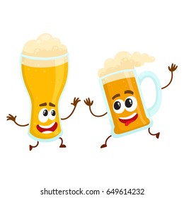 Funny beer glass and mug character with smiling human face having fun, dancing together, cartoon vector illustration isolated on white background. Cute and funny beer mug and glass characters, mascots