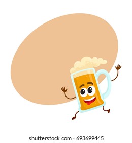 Funny beer glass mug character with smiling human face running, hurrying, cartoon vector illustration with space for text. Cute and funny running lager beer mug character, mascot