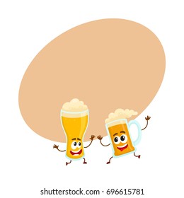 Funny beer glass and mug character with smiling human face having fun, dancing together, cartoon vector illustration with space for text. Cute and funny beer mug and glass characters, mascots