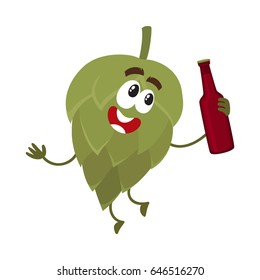 Funny beer hop character with smiling human face holding dark beer bottle, cartoon vector illustration isolated on white background. Cute and funny hop character, mascot with beer bottle