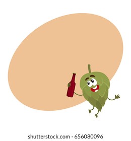 Funny beer hop character with smiling human face holding dark beer bottle, cartoon vector illustration with space for text. 