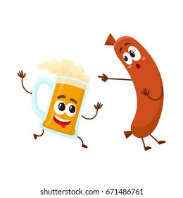 Funny beer mug and frankfurter sausage characters having fun together, cartoon vector illustration isolated on white background. Funny smiling beer mug character running after sausage poiting to it