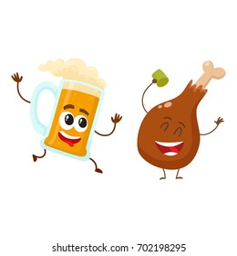Funny beer mug and fried chicken leg characters having fun, cartoon vector illustration isolated on white background. Funny smiling beer mug and chicken leg, drumstick having party together