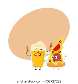 Funny beer mug and yummy pizza slice characters having fun, cartoon vector illustration with space for text. Funny smiling beer mug and pizza, fast food restaurant, good company