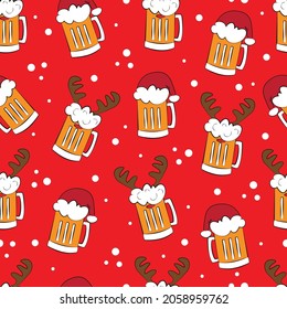 Funny beer mugs in Santa hat and deer antler, on red background. Seamless pattern for Christmas.
Good for textile print, wrapping paper, and other decoration.