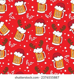 Curiosas tazas de cerveza en Santa hat y ciervo antler, y ho ho ho ho ho escribe sobre el fondo rojo. Patrón sin foco para Navidad.
Bien para la impresión textil, el papel envolvente y otra decoración.