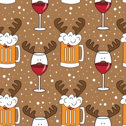 Funny Beer Mugs And Wine Glass, With Reindeer Antler. Seamless Pattern For Christmas.
Good For Textile Print, Wrapping Paper, And Other Decoration.
