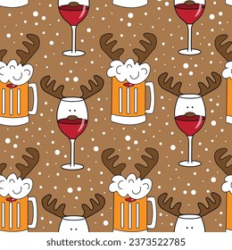 Funny beer mugs and wine glass, with reindeer antler. Seamless pattern for Christmas.
Good for textile print, wrapping paper, and other decoration.