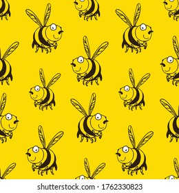 Funny bees collect nectar. Seamless pattern. Can be used as patterns for wallpapers, textiles, backgrounds. Cartoon graphics.