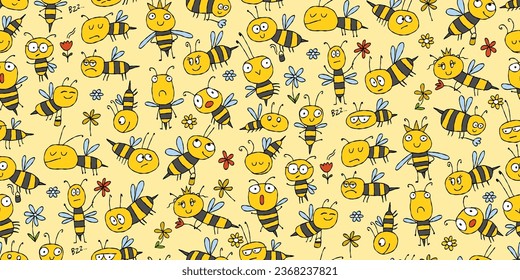 Funny Bees family. Beehive seamless pattern background for your design