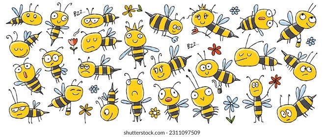 Funny Bees family. Beehive for your design. Horizontal print background