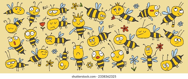 Funny Bees family. Beehive for your design. Horizontal print background