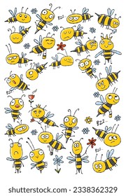 Funny Bees family. Beehive for your design. Vertical frame with place for text
