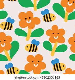 Funny bees and flowers seamless pattern. Vector naive characters in scandinavian hand-drawn cartoon style. Ideal for childrens textiles, clothing, wallpaper.