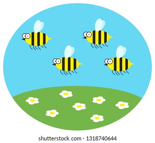 Funny bees fly over the lawn with daisies. Vector illustration