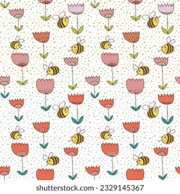 funny bees fly over wild flowers seamless pattern