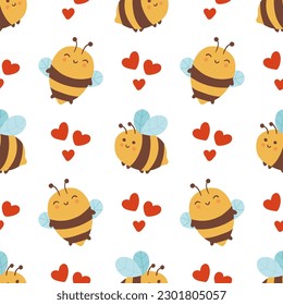 Funny bees and hearts seamless pattern. Vector naive characters in scandinavian hand-drawn cartoon style. Ideal for childrens textiles, clothing, wallpaper.