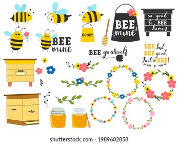 Funny bees, honey and flowers set. Vector illustration.