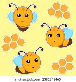 Funny bees with honeycombs on a yellow background. The bees have different emotions and different angles