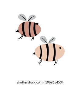 Funny bees with inscriptions. Vector naive characters in scandinavian hand drawn cartoon style. Isolated characters on a white background.